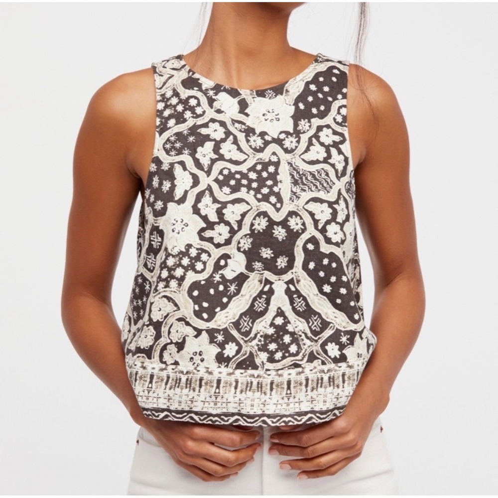 Free People Bare It All Top Size M Boho Batik Print Linen Cotton Open Back